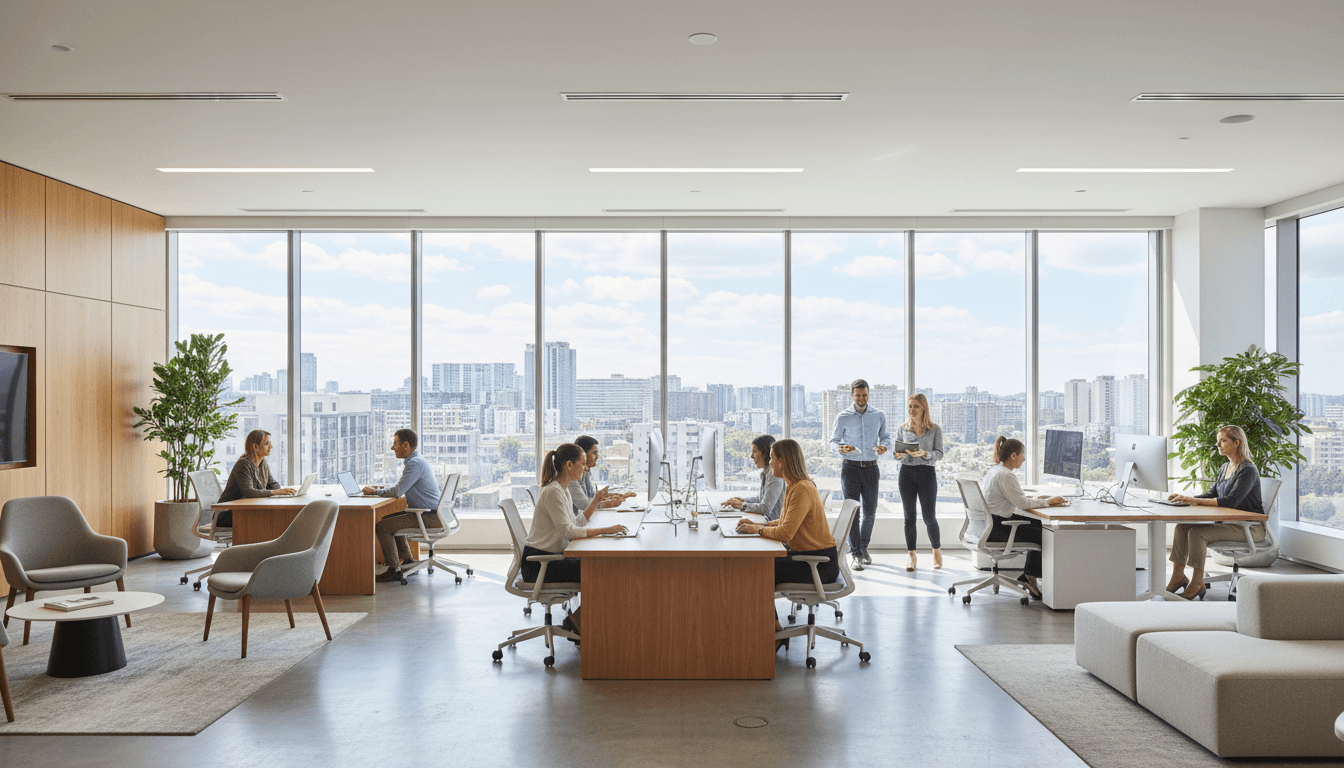 Modern open-plan office with professionals working at desks amid natural light and contemporary design