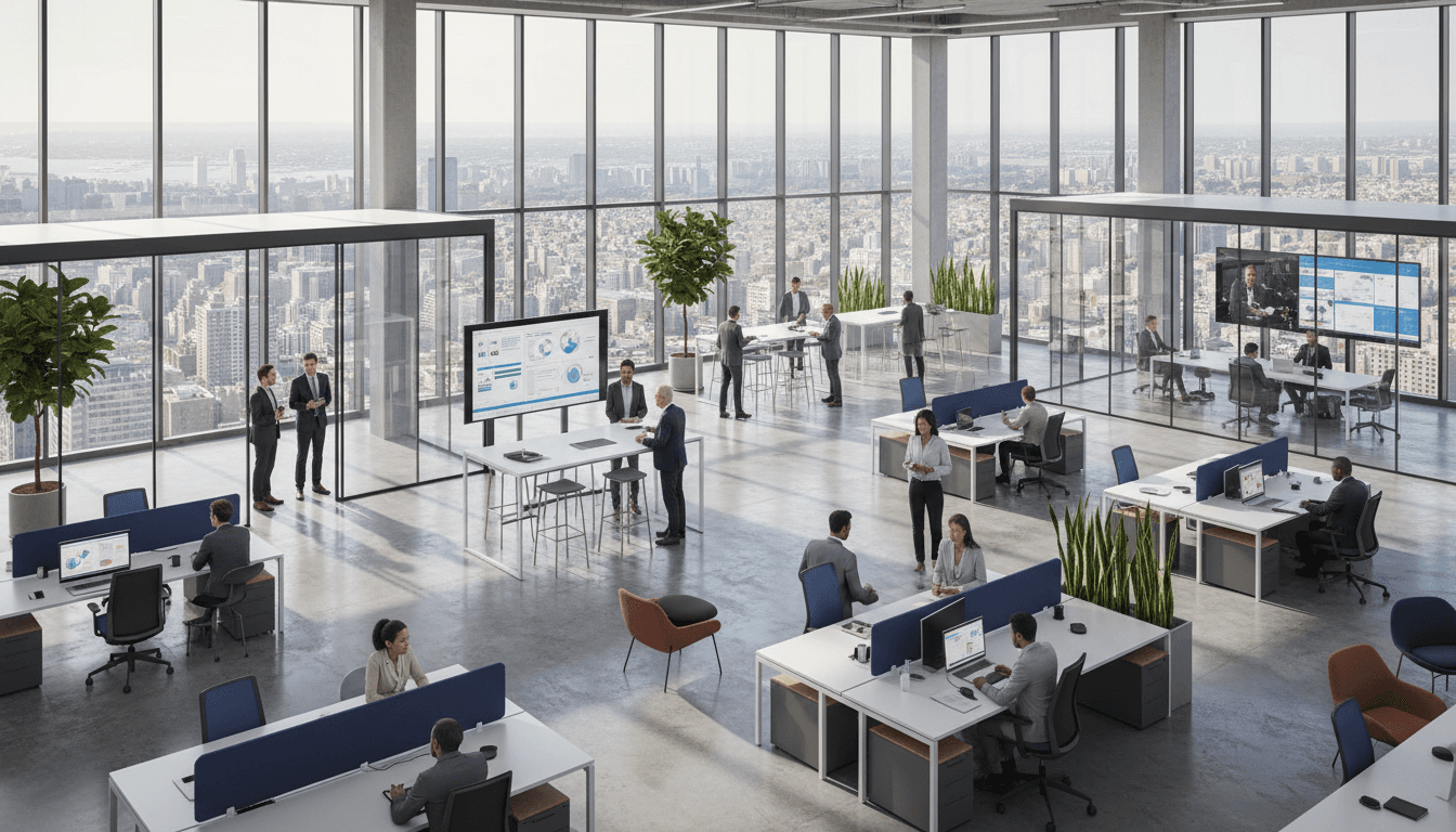 Expansive modern office interior with diverse professionals working across open-plan space, meeting rooms, and collaborative areas with city views