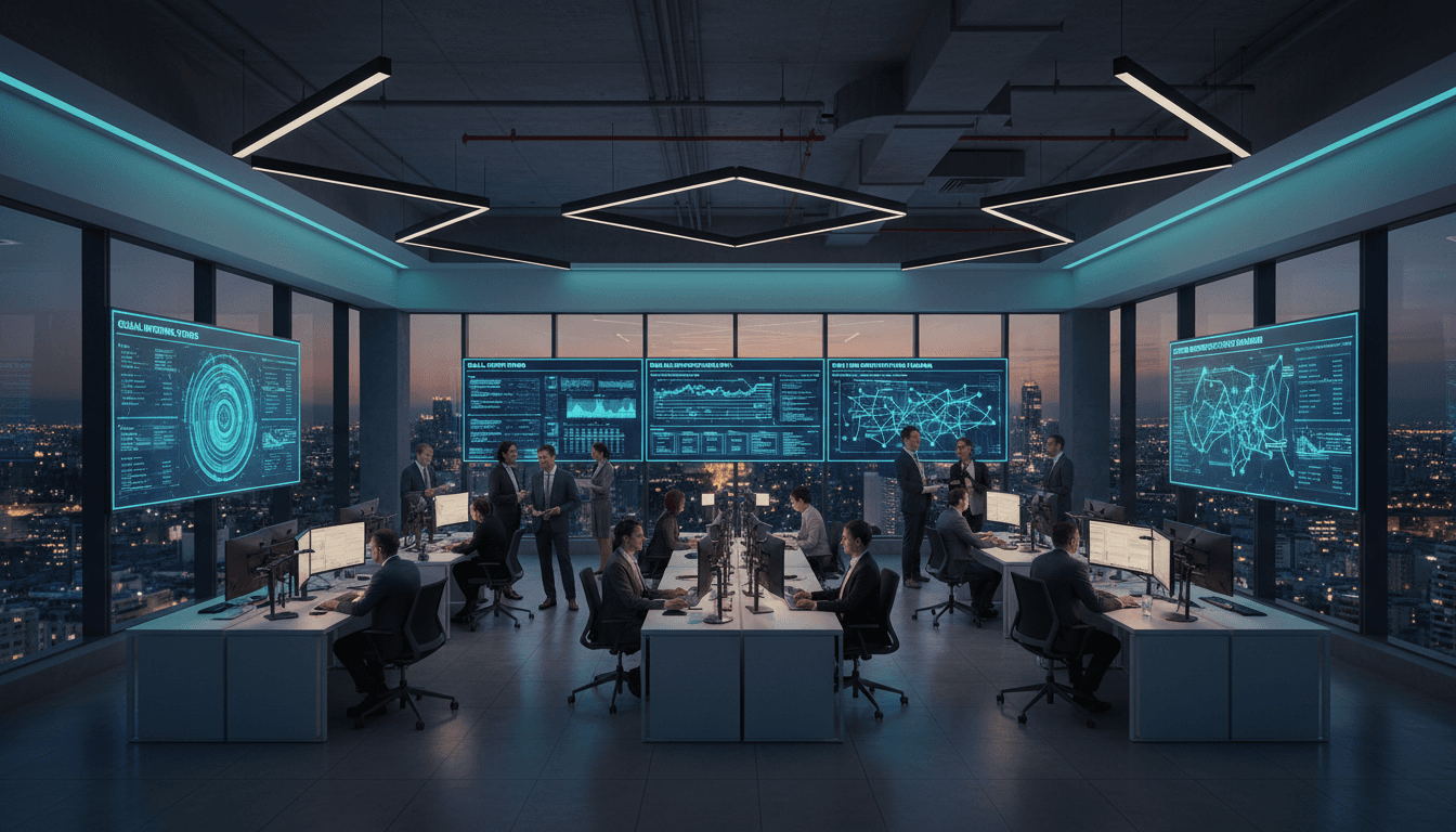 Diverse team monitoring real-time network systems in modern operations center with large digital displays showing infrastructure data and city views